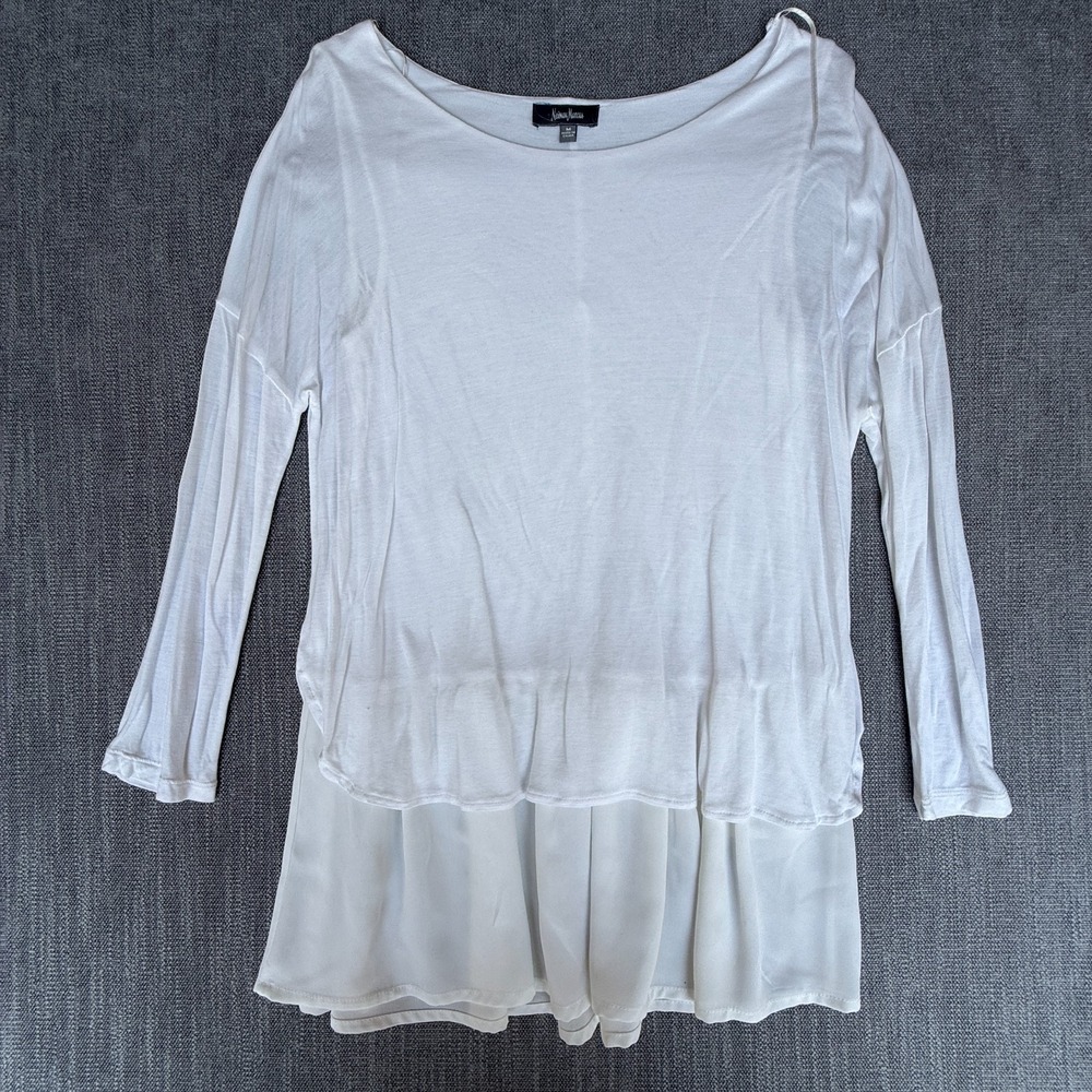 Neiman Marcus Tunic Top Women M White Long Sleeve Layered Chiffon Hem Minimalist